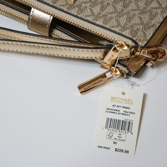 Michael Kors Jet Set Travel Double Zip PVC Leather Wristlet MK Pale Gold - Picture 7 of 7